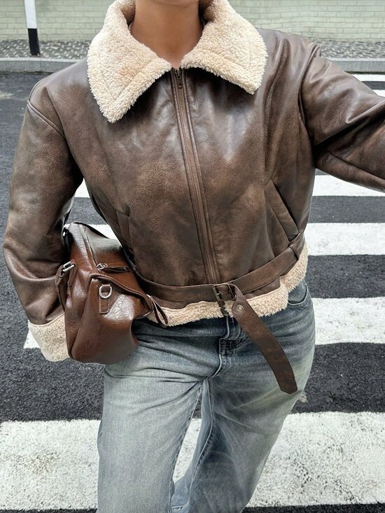 Jackets & Blazers - Brown Casual Women's Loose Zipper Front Shearling Leather Jacket